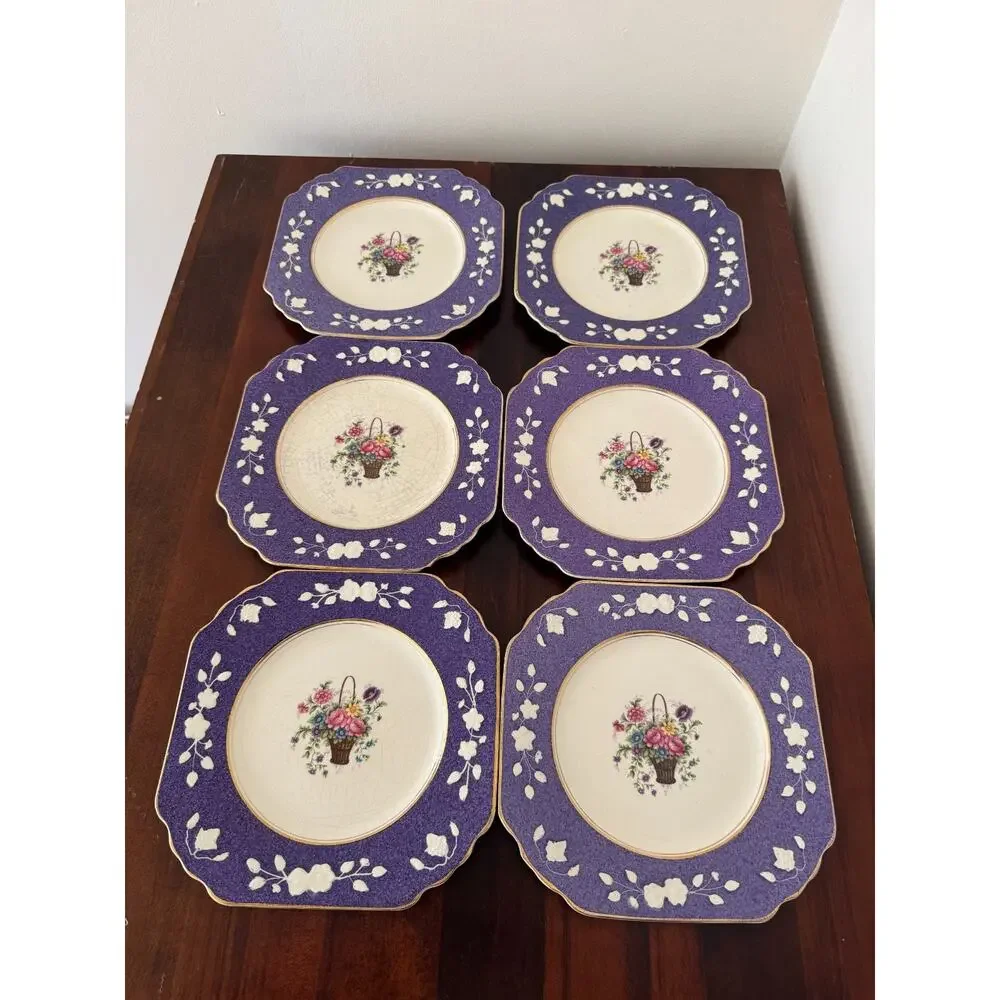 Wedgwood & Co Ltd Queens Ivory England 6 Purple Plates Floral Basket Vintage